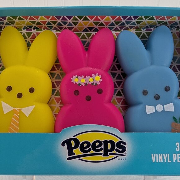 Peeps 3 Pack Vinyl Pet Dog Toy 4" Squeaker Rabbits Yellow Pink Blue Easter New - Picture 1 of 8